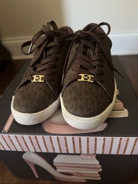 Michael Kors Brown Logo-Print Low-Top Sneakers with Gold MK Charm